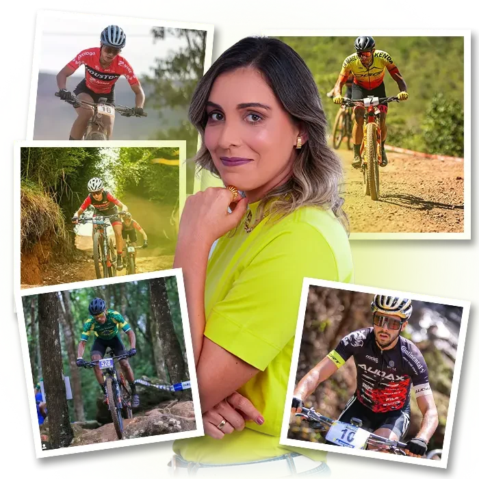 Maria Joana, nutricionista e ciclista, cercada por registros de provas de ciclismo.